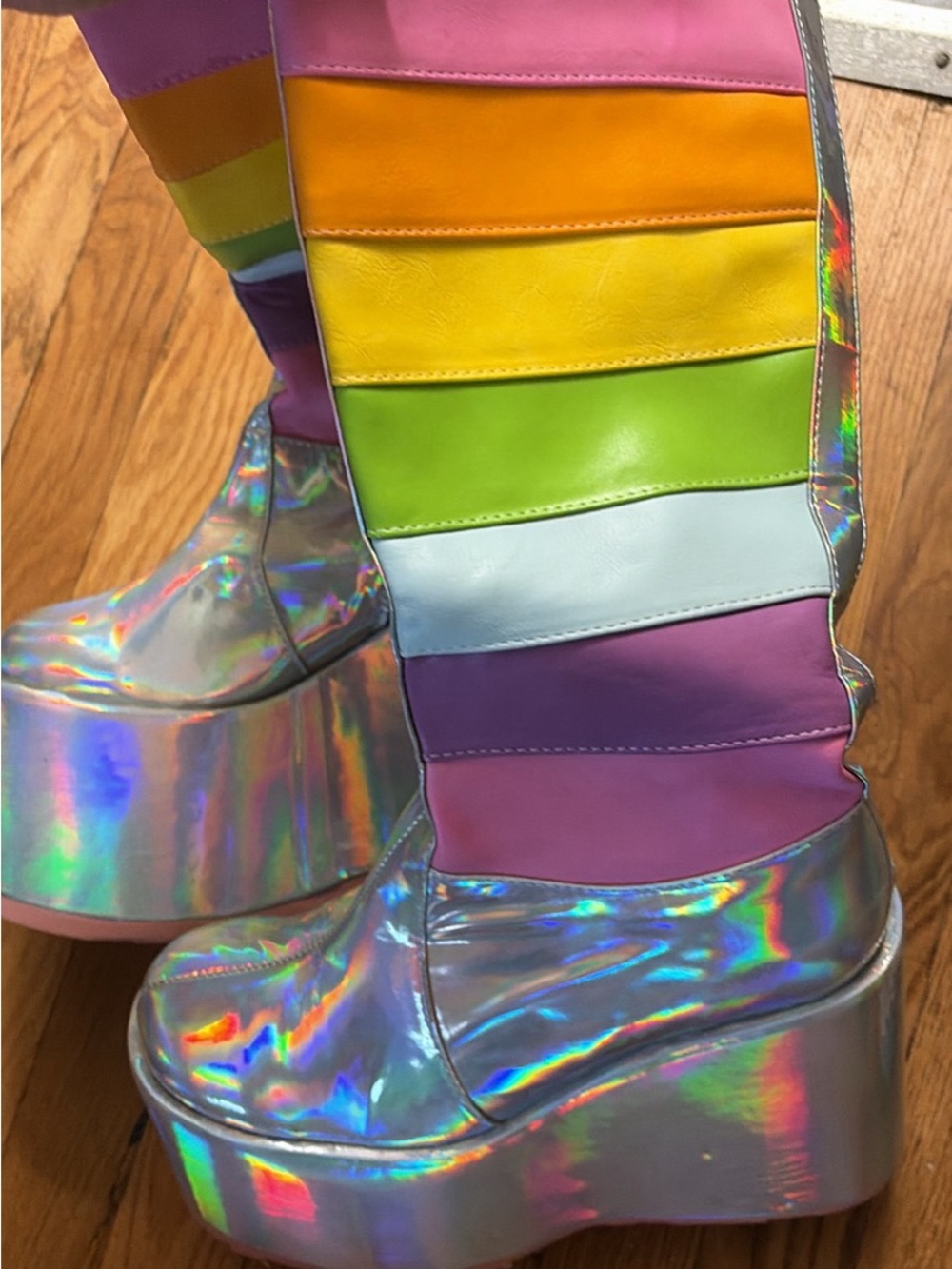 Ellie Jada Silver Holographic Rainbow Stripe Platform Boots